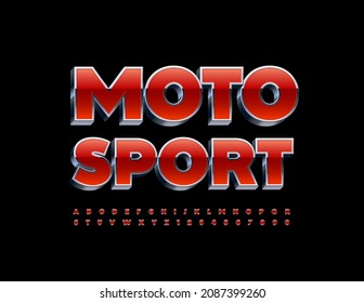 Vector bright banner Moto Sport with Red and Metallic Font. Modern style Alphabet Letters and Numbers set