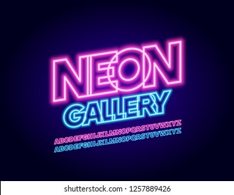 Vector bright Banner Neon Gallery. Colorful light Font. Glowing Party Alphabet Letters, Numbers and Symbols.