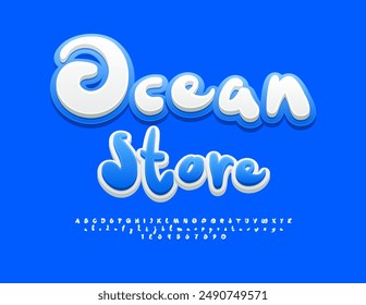 Vector bright banner Ocean Store. White and Blue creative Font. Handwritten Alphabet Letters and Numbers