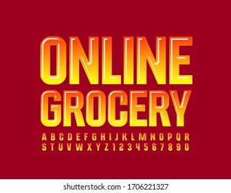 Vector bright banner Online Grocery. Gradient Yellow and Red Font. Glossy Alphabet Letters and Numbers