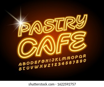 Vector bright banner Pastry Cafe with handwritten neon Font. Yellow electric Alphabet Letters and Numbers