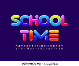 Vektorheller Banner Schulzeit. Glossy-Farbverlauf-Schriftart. Alphaebt-Buchstaben und -Nummernset im Futuristischen Stil