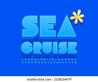 Vector brillante Banner Sea Cruise con fuente azul. Juego de letras, números y símbolos de alfabetos creativos