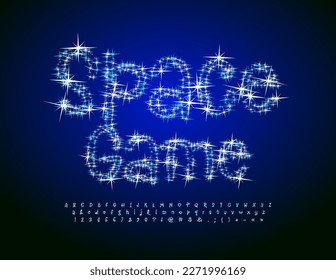 Vector bright banner Space Game. Modern Alphabet Letters and Numbers set. Fantasy Font  with Sparkling Stars. 