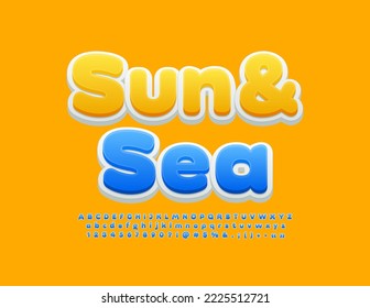 Banner de luz vectorial Sun and Sea. Fuente 3D azul creativo. Letras y números alfabéticos artísticos