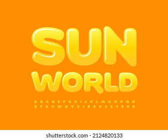 Banner brillante vectorial Sun World. Letra amarilla brillante. Juego de letras y números de alfabeto brillante creativo