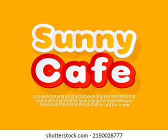Vector bright banner Sunny Cafe. Yellow Alphabet Letters, Numbers and Symbols set. Sticker style Font