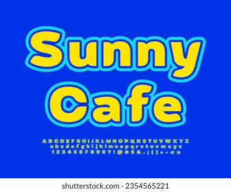 Pancarta brillante vectorial Sunny Cafe con fuente azul y amarilla. Conjunto de letras, números y símbolos alfabéticos modernos