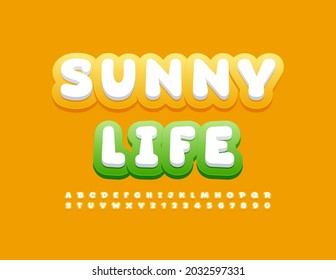 Vector bright banner Sunny Life. Yellow and White Alphabet Letters and Numbers. Creative trendy Font