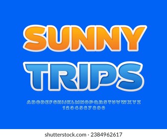 Banner brillante vectorial Sunny Trips. Fuente azul con estilo. Estilo de pegamento Letras, números y símbolos de alfabeto artístico