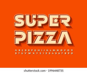 Vector bright Banner Super Pizza. Modern 3D Font. Creative Alphabet Letters and Numbers set