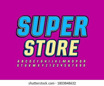 Banner brillante vectorial Super Store. Alfabeto creativo de moda. Letras y números de alfabetos de estilo juvenil