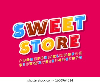 Vector bright Banner Sweet Store. Colorful Kids Font. Glossy Alphabet Letters and Numbers