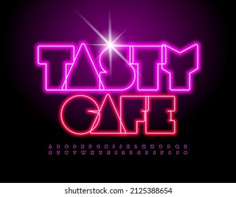 Vector bright Banner Tasty Cafe.  Modern Neon Font. Glowing  Alphabet letters and Numbers set