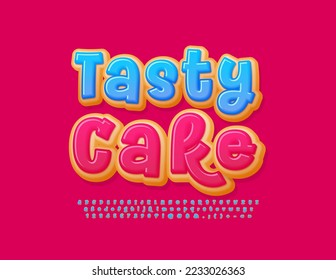 Vector bright banner Tasty Cake.  Delicious Font. Sweet Donut Alphabet Letters and Numbers set. 