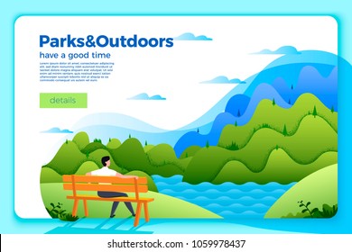 Vector bright banner template with man on a bench on the river bank, on bright summer background with mountains and forests. With place for your text.