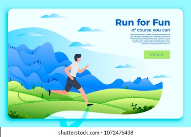 Vector bright banner template with running man. Forest, river and mountains on soft background. With place for your text.