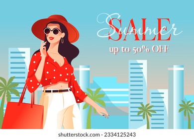 Vector bright banner with a young sexy woman in fashionable clothes with packages in her hands. Concept of summer sale, seasonal discounts and promotions.
