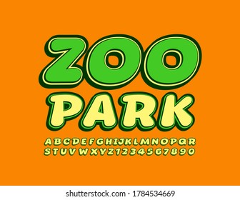 Vector bright banner Zoo Park. Happy Kids Font. Yellow trendy Alphabet Letters and Numbers