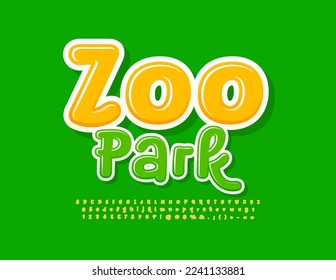 Vector bright Banner Zoo Park. Green Glossy Font. Creative Alphabet Letters and Numbers