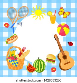 Vector bright beautiful frame with summer set on the background of blue blanket for picnic