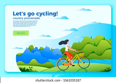 Vector bright bicycle ride banner template with girl on a bike. Forest, river and mountains on soft background.