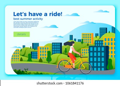 Vector bright bicycle ride banner template with girl on a bike. City and green hills on a bright blue background.