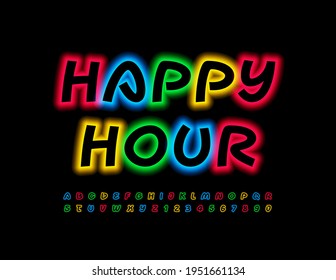 Vector bright billboard Happy Hour. Colorful Neon Font. Glowing Alphabet Letters and Numbers set