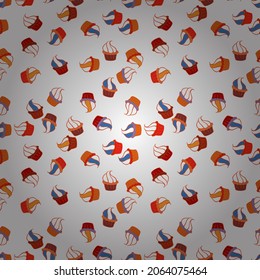 Vector. Bright birthday pattern on orange, red and white. Watercolor seamless pattern with cupcakes. Wrapping paper.