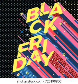 Vector bright BLACK FRIDAY memphis style poster with geometric shapes. For special Offers, Sales etc