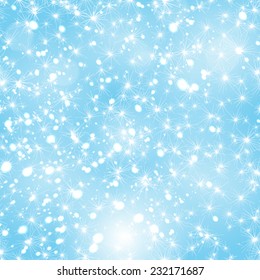 Vector bright blue abstract Christmas background with white snowflakes.