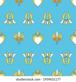Vector bright blue background Brittany celtic, Breton trational folklore symbols seamless pattern. Seamless pattern background