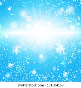 Vector bright blue cold winter background with snowflakes