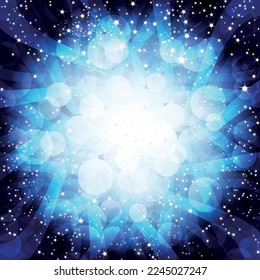 Vector bright blue frame with rays and stars with bokeh effect