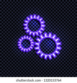 Vector Bright Blue Glowing Gears Icon Isolated on Dark Transparent Background, Coorful Sign with Shadow, Technology Symbol.