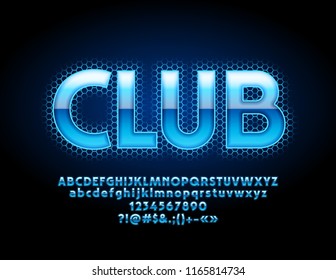 Vector Bright Blue Logo Club. Neon color Font. Glowing Alphabet Letters, Numbers and Symbols.