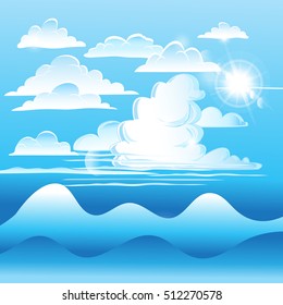 Vector Bright blue sky with white clouds and mountains