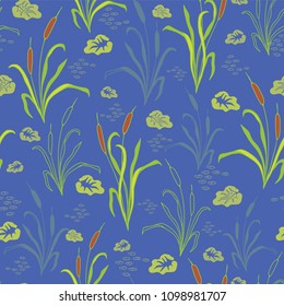 Vector Bright Blue Water with Bulrushes , Lily Pads on the Pond , Repeating Seamless Pattern Background, Delightful Illustration of Reed Grass Lil for Fabric, Scrapbooking, Home Decor & Web Stationery