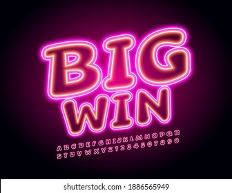 Vector bright board Big Win. Funny style Font. Neon light Alphabet Letters and Numbers set