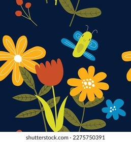 Vector bright botanical background. Floral pattern. Summer seamless background with flowers and butterflies. Fabric, paper, wallpaper