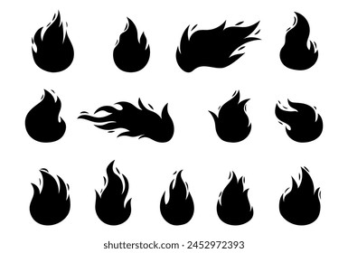 Vector bright burn flame black shape icon set isolated on white background. Hot fire flat silhouette clipart sings collection. Burning fireball signs.
