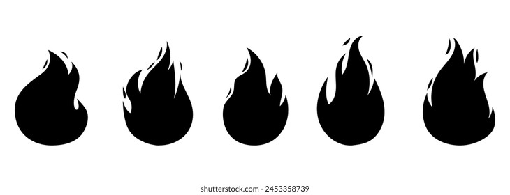 Vektorgrafik helle Flamme Flamme schwarz Form Icon Set isoliert auf weißem Hintergrund. Hot Fire Flat Silhouette Clipart singt Kollektion. Brennende Feuerball-Schilder.