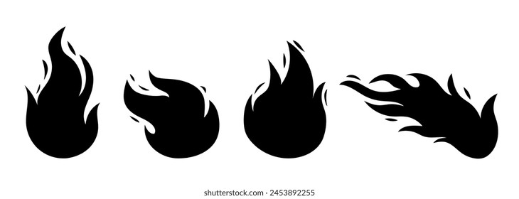 Vector bright burn flame black shape icon set isolated on white background. Hot fire flat silhouette clipart sings collection. Burning fireball signs.