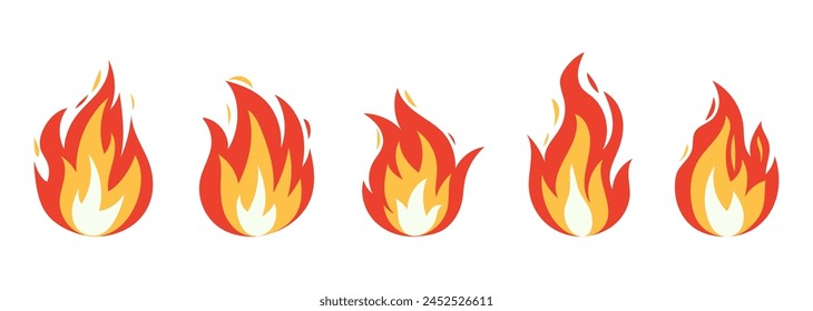 Vector bright burn flame icon set isolated on white background. Hot fire flat clipart collection. Burning fireball signs