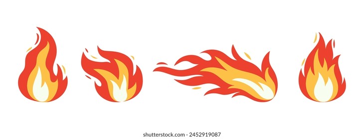 Vector bright burn flame icon set isolated on white background. Hot fire flat clipart collection. Burning fireball signs