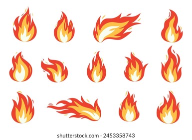 Vector bright burn flame icon set isolated on white background. Hot fire flat clipart collection. Burning fireball signs