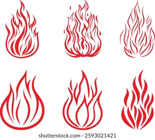 Vector bright burn flame icon set isolated on white background. Hot fire flat clipart vector sings collection. Burning fireball signs.