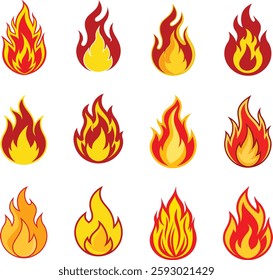 Vector bright burn flame icon set isolated on white background. Hot fire flat clipart vector sings collection. Burning fireball signs.