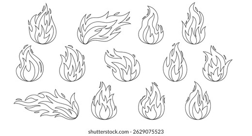 Vector brillante quemar línea de iconos de llama aislado sobre fondo blanco. El Clipart plano del fuego caliente canta la colección. Señales de bola de fuego en llamas