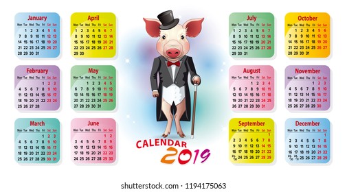 Vector bright calendar for 2019 with a funny pig in a tailcoat and a hat
